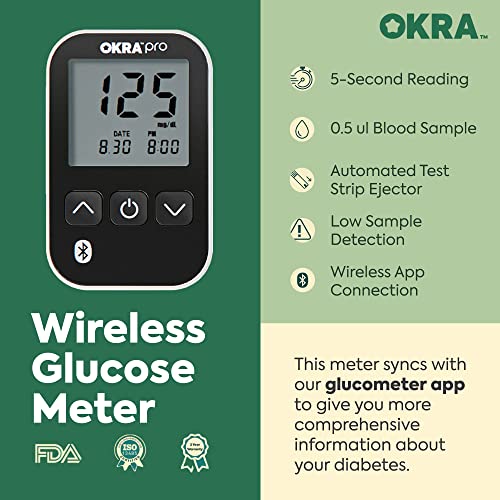 OKRA PRO Blood Sugar Monitor Kit – 5s Fast Glucose Results, No Coding, Strip Ejection, App for Tracking, 25 Test Strips, Home Diabetes Testing