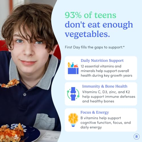 FIRST DAY Vitamins for Teens - Teen Multi Vitamins for Girls & Boys 12-17, Organic Fruit & Veggie Blend - 12 Key Nutrients: Vitamins A, B1, B2, B6, B9, B12, C, D3, E, K2-60 Day Supply