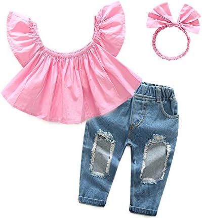 Top and Top 1-6T Toddler Baby Girls 3Pcs Pink Off Shoulder Shirts+Ripped Hole Jeans+Bow Headband Kids Clothes Set Outfits (80/12-18 months)
