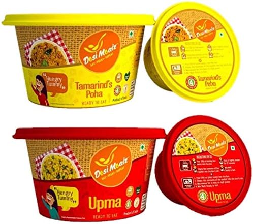 Desi Mealz Ready to Eat Food Mixes Tasty and Delicious Plain Upma and Tamarind Poha Best Traveller Food Combo Pack (220g)