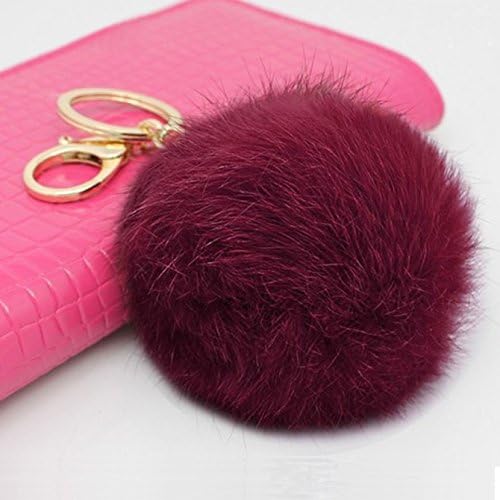 PRONOD 3.5 Inches Fluffy Rabbit Fur Pom Pom Charm Ball Key Ring Chain Gold Plated Keychain for Handbag Wallet Purse Car Key (Burgundy)