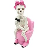 Halloween Decorations Indoor Resin Figurine (Pink Skeleton Bathroom Break) | Cute skeleton character; Pink chair design; Girly Halloween style; Compact tabletop decoration