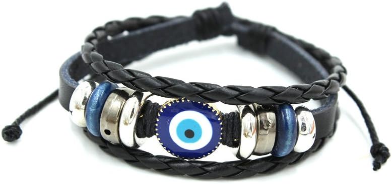 Ghome Genuine Leather Turkish Blue Evil Eye Bracelet “Luck Protection” Men & Women Braided String Adjustable Chain from Collection