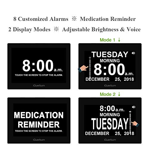 iGuerburn 8" Digital Talking Touchscreen Day Calendar Alarm Clock for