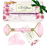 BGlam Beauty 2 in 1 Rose Quartz Roller + Gua Sha | Gift Set | - 100% Natural Rose Quartz Anti Aging Toning Face Roller and Eye Massager Jade Roller Alternative