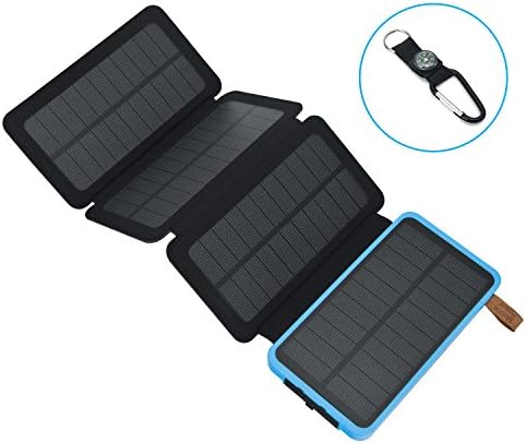 AZOT Solar Charger 12000 mAh Portable Solar Power Bank with 3 Foldable Waterproof Solar Panels 2 USB fits iPhoneX, iPhone7, iPad, Samsung Cell Phone for Travelling Outdoor Camping