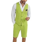 HUEZOE Mens Linen Suit 2 Piece Short Suits for Men Casual Summer Beach Groom Wedding Suit Linen Vest Shorts Set