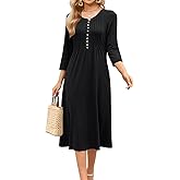 Soesdemo Long Sleeve Dress for Women Casual V Neck Pleated Button Down 3/4 Sleeves Knee Length Midi Dresses with Pockets