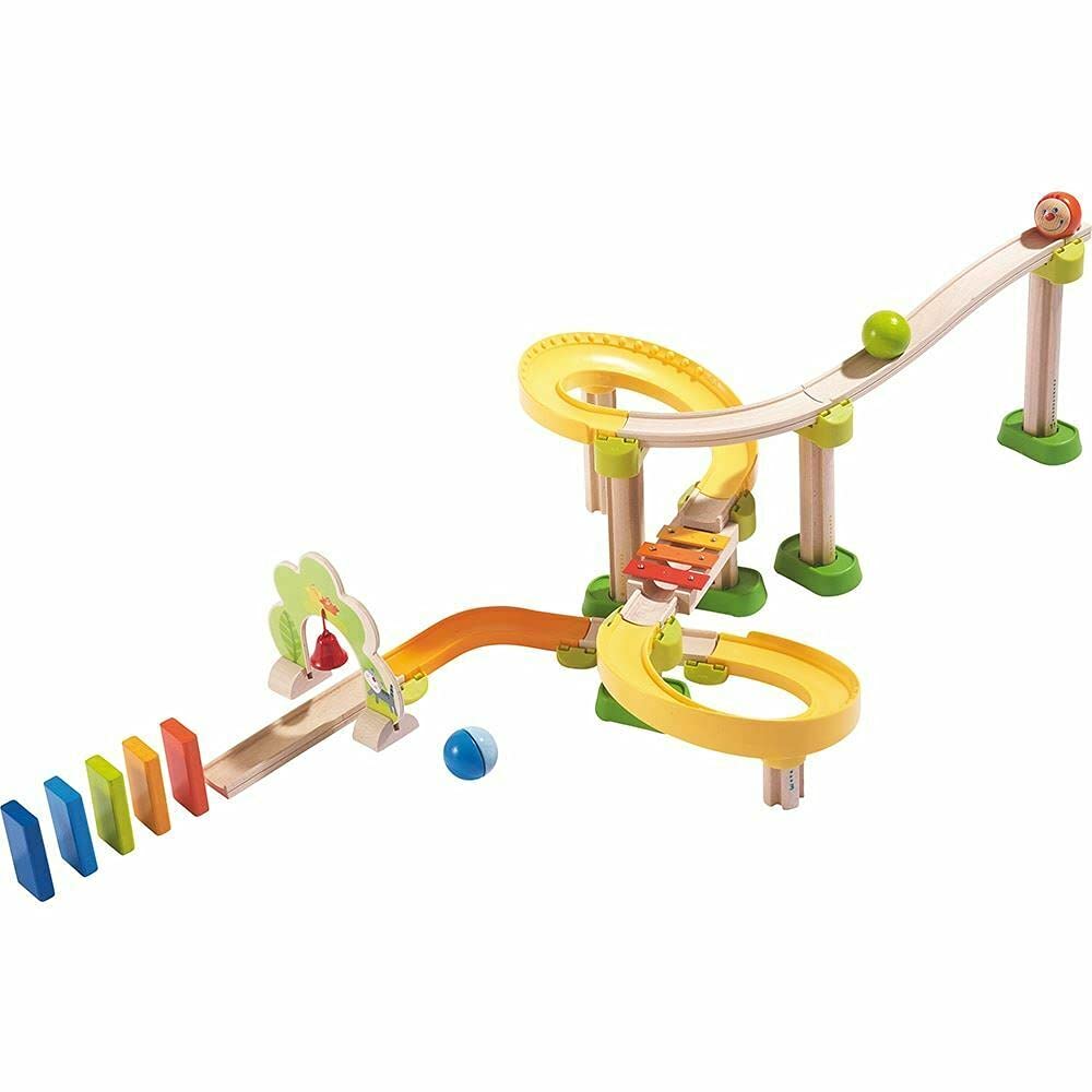 HABA Kullerbu Sim-Sala-Kling - 38 Piece Wooden & Plastic Train Track Set for Balls with Musical Effects and Domino Blocks