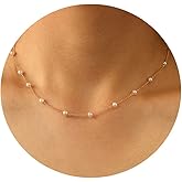 DIBOLA Dainty Pearl Necklaces for Women 14K Gold/Silver Plated Cute Single Pearl Necklace Elegant Small Tiny Pearl Choker Thin Chain Necklace Simple White Pearl Drop Y Long Necklace Freshwater Pearled Pendant Necklace Pearls Jewelry Gift