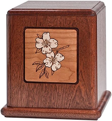The Vertical Reflection Adult Cremation Mahogany Urn with The Dogwood Tree Mosaic Inlet