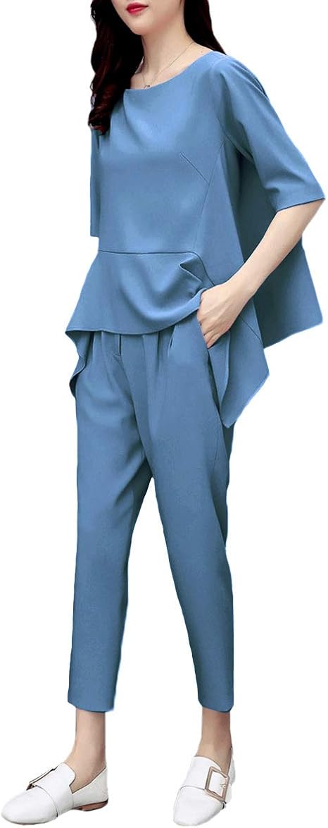 Amazon パンツスーツ レディース パンツドレス セットアップ 2点セット 5分袖 ブラウス 結婚式 通勤 フォーマル パーティー パンツスーツ 通販