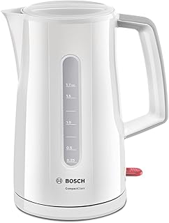 Bosch TWK3A011 CompactClass kabelloser Wasserkocher, schnelles Aufheizen, Wasserstandsanzeige beidseitig, Überhitzungsschutz, 1,7 L, 2400 W, weiß