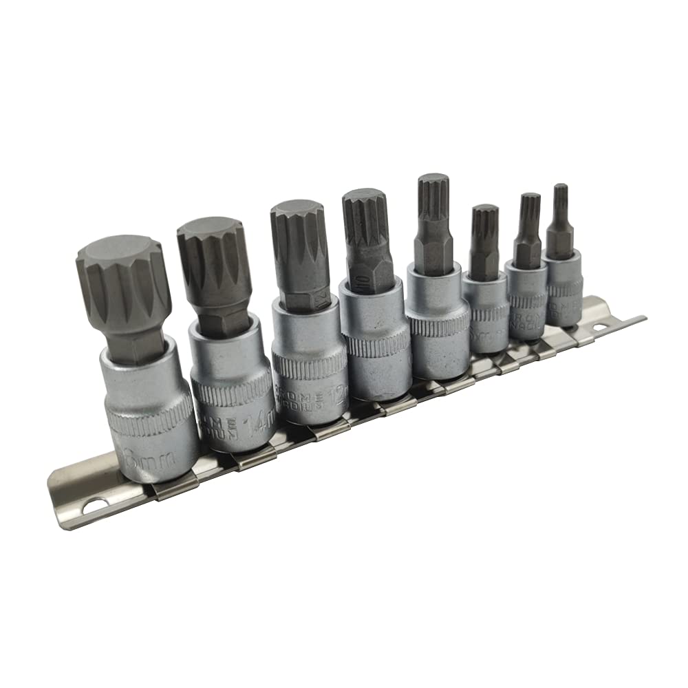 Spline Bit Socket Set 8Pc 12 Point Triple Square Bits 1/4 & 3/8 Drive M4-M16