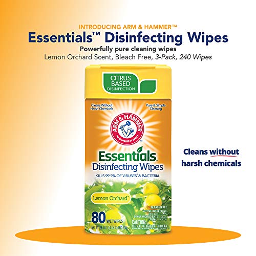 Arm & Hammer Essentials Disinfecting Wipes, Lemon Orchard Scent, 3 Pack
