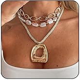 cotwdi Chunky Necklaces for Women Tredny Stacked Statment Necklace Layered Unique Big Pendant Necklace Hip-Hop Oval Circle Square Cross Pendant Boho Necklaces for Women Chunky Jewelry