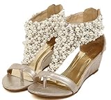 GED Hot Seller Elevator Sparkling Diamond Sandals Wedges Crystal Rhinestone Pearl Flip Edge Heel Sandals Summer Ladies Shoes with Light Gold Us Size 7