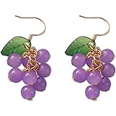MALOYANVE 3D Fruit Earrings Cute Funny Handmade Resin Grape with Summer Green Leaf Statement Dangle Drop Earrings Jewelry Gifts for Women