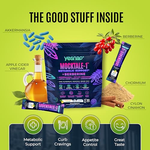 Yesnap MOCKTALE-1 GLP-1 Metabolic Support Supplement,Weight Management Formula with Berberine & Akkermansia,Ceylon Cinnamon,Lemon Mint Flavor Non-Alcoholic Drink,30 Packets