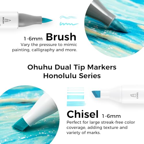 Ohuhu Marcadores a base de alcohol - 96 colores pastel de Honolulu Sweetness + Blossoming - Marcadores de alcohol de doble punta para artistas adultos para ilustrar y colorar - Pincel y cincel