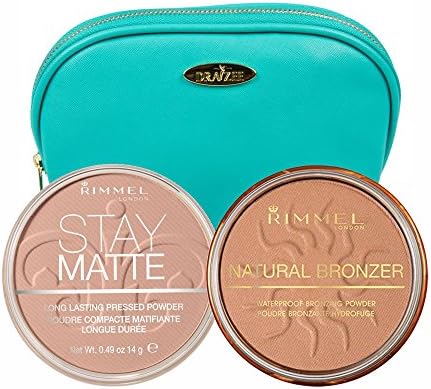Two Piece 0.49 Ounce Rimmel Kit with Natural Bronzer (Sunshine) and Stay Matte Pressed Powder (Creamy Beige) with Aquamarine Draizee Leather Cosmetic Bag