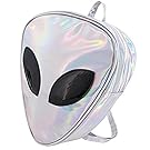 leomoste Women's Fashion Big Eyes Alien Backpack PVC Hologram Triangle Bag Shopping Traveling Daypack with Zippers(Silver)