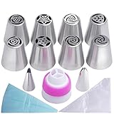 Russian Piping Tips 22 Piece Baking Set with 8 Nozzle Tips, 2 Regular Piping Tips,10 Disposable Pastry Bags,1 Coupler and 1 Reusable Silicone Pastry Bag,by Mooker