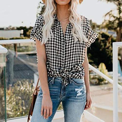 Toponly Plaid T-Shirt For Womens Casual Short Sleeves Button Pullover Tops Tee Summer Fashion