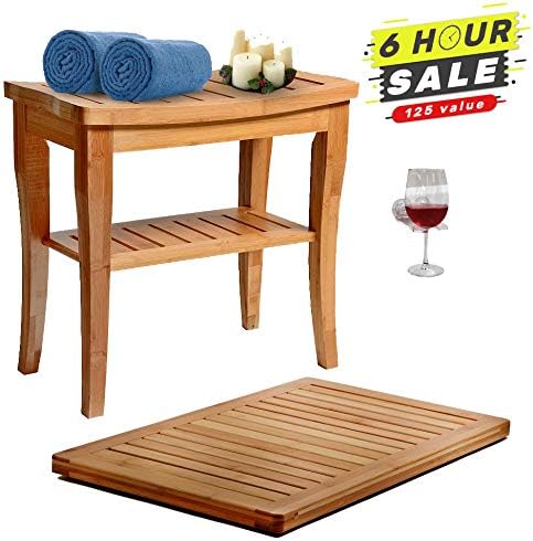 Shower Bench Seat Wooden with Bathroom Floor Mat, for Spa Bath Deluxe Organizer Stool with Storage Shelf for Seating Chair, Perfect for Indoor and Outdoor Decor, Made of 100 (Natural Bamboo)