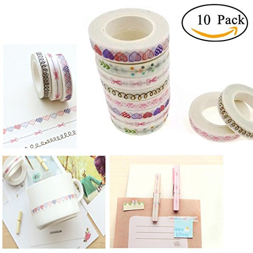Set of 10 Rolls Washi Tape - New 2017 Designs - Decorative Washi Paper Tape With Colorful Designs and Patterns - Perfect For Planners, Decorating, Scrapbooking and More