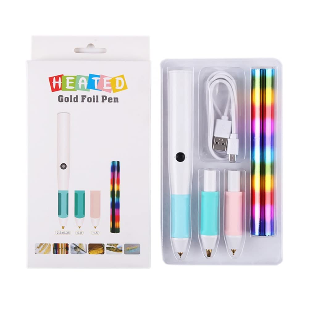 Briartw 3 Tips Hot Heated Foil Pen Set USB DC5V Powered Pen for Adding Shining Handwritten Scrapbooking Tool Kits with Rainbow Color Foil Paper Roll Glimmer Card Making Craft