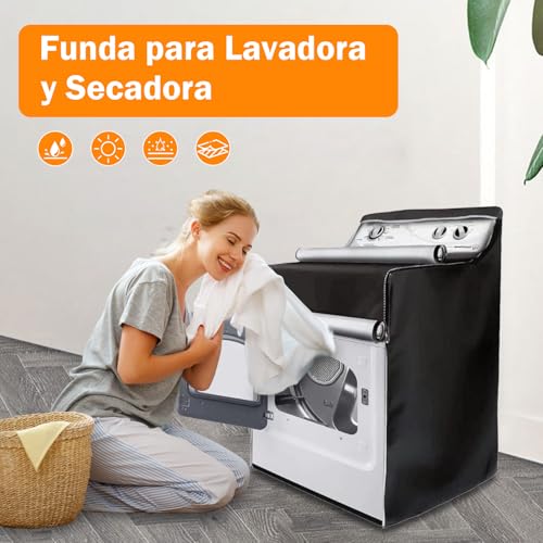 GALASALA Funda para Lavadora, Funda de Lavadora y Secadora Resistente A Los Rayos UV, al Polvo y al Agua, Cubre Lavadora Ajustable con Almohadillas Antivibración de 4 Piezas y Dos Ganchos.(Negro)