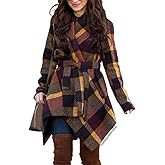 CHICWISH Women Turn Down Shawl Collar Open Front Plum Check Asymmetric Hemline Wool Blend Coat, Size XXXL