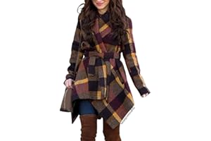 CHICWISH Women's Turn Down Shawl Collar Earth Tone Check Asymmetric Hemline Wool Blend Coat