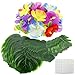 EOOUT 96pcs Hawaiian Party Decorations - 48Pcs Tropical Artificial Palm Leaves（3 Sizes） and 48Pcs Hawaiian Luau Flowers with 48Pcs Double Sided Dots of Glue