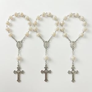 Chaf5dox 3 Pack Silver White Rose Car Rosary Catholic Rearview Mirror Charm | Classic Catholic Car Accessory Memorial and Fun