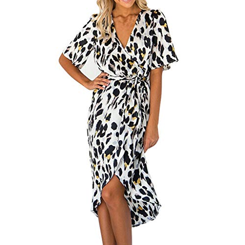 Floral Dresses For Women's Leopard V Neck Lace Up Wrap Dress Ladies Evening Party Midi Dress For Anniversary,Party,Valentines Day (Multicolor,L)