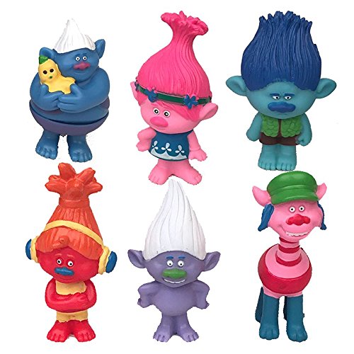 Set of 6, 3-Inch-Tall DreamWorks Movie Trolls Action Figures - Trolls Poppy, Branch, Biggie, Cooper, DJ Suki, Guy Dimond,Trolls Cake Toppers