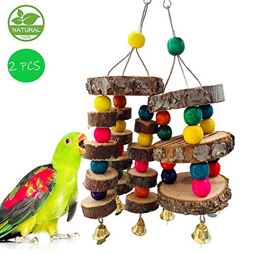 PINVNBY Parrot Chewing Toy Bird Perch Natural Wooden Block Hanging Swing Bell Climbing Toy Colorful Beads Bird Cage Accessories for Macaw African Grey Amazon Cockatoo Budgies Parakeet Lovebird