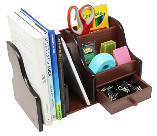 Executive Office Solutions Wooden Desk Organizer - 1 Drawer, 2 Mail/File/Paper Holders, 4 Compartments for Office Supplies and Desk Accessories Cherry/Black (EOS-WO5)