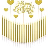 Norme Birthday Cake Candles Metallic Gold Tall Thin Candles Slow Burning Candles in Holder, Gold Glitter Cake Topper Set (24 Pieces Birthday Candles)
