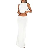 Skirt Sets Women 2 Piece Outfits - Sexy Two Pc Sleeveless Tank Crop Top Fold Over Maxi Long Skirts