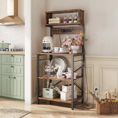 YKSLZ Estante para Cocina de 5 Niveles, Estantes Organizadores con Enchufes y 6 Ganchos，Estante de Microondas, Mueble Multiusos de Cocina, Sala, Oficina, Industrial, café rústico y Negro