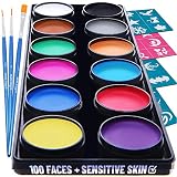 Blue Squid Face Paint Kit for Kids - 30 Stencils, 12 Large Washable Paints, 3 Brushes, Safe Facepainting for Sensitive Skin, Professional Quality Body & Face Facepaints Halloween Makeup Paint Supplies
