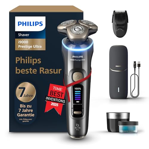 Philips Rasierer i9000 Prestige Ultra, elektrischer Nass- und Trockenrasierer für Herren, Druck- und Bewegungssensor, 5+1 Bartstyler, Reinigungsstation, UV-Ladecase und Reiseetui (Modell XP9402/46)