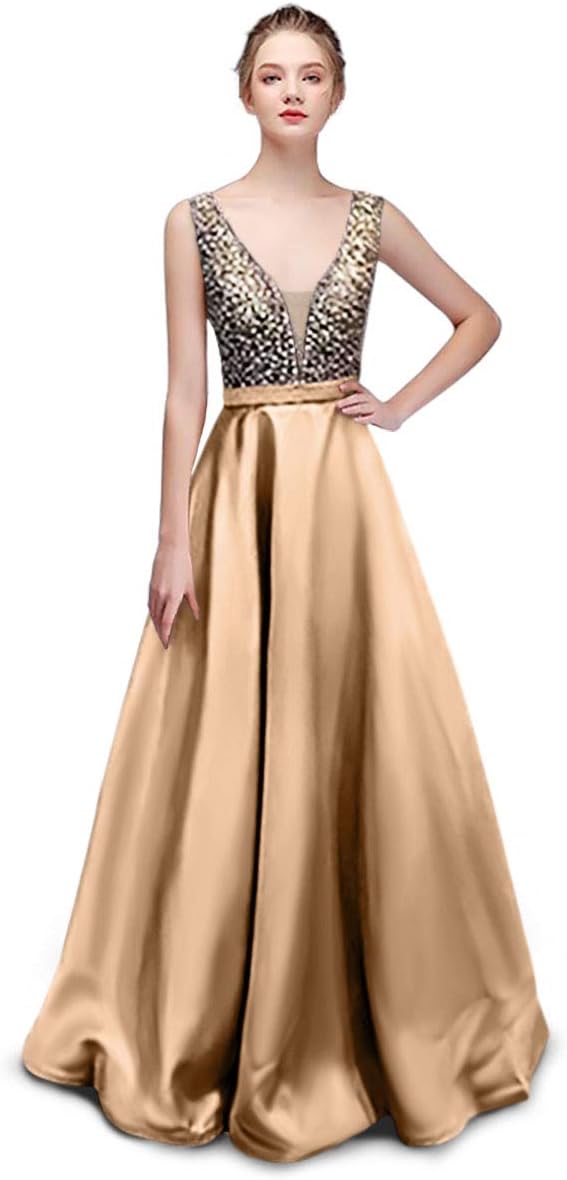 Nanchor Prom Dresses Evening Gown Formal Sequin Satin Dresses V Neck Long for Wedding Women