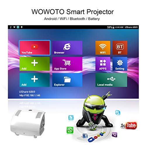 WOWOTO Q1 Mini Portable Projector 150 ANSI Lum, Smart DLP Projector Built-in Battery, Android 7.1OS Support Bluetooth, Wi-Fi Connection, Support Full HD 1080p, Smartphone, Laptop, USB, TF Card and APP