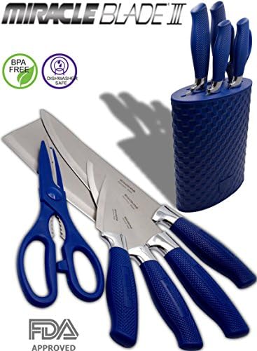 6 Piece Blue Knife Set with Holder Block &amp; Scissors - includes Chef Knife - Carving Knife - Utility Knife - Paring Stainless Steel Knive and Shears with Rubberized Holder Block
