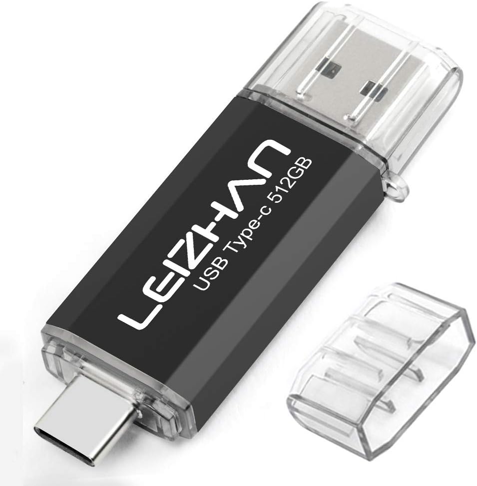 leizhan 512GB USB 3.0 Flash Drive Thumb Drives Jump Drive USB Memory Stick Type-C/USB-A 2 in 1 - Black, 512Go