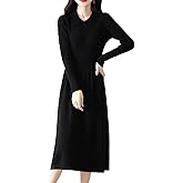 Ailaile 100% Merino Wool Sweater Dress Women's Long Sleeve Knitted Flip Collar Fall Winter Long Tops